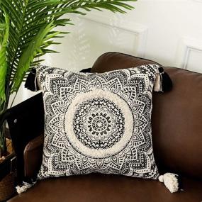 img 4 attached to 🌼 OJIA Farmhouse Mandala Throw Pillow Cover - Black & Cream Square Pillowcase with Neutral Tufting and Tassels - Bohemian Accent Cushion Cover for Couch, Sofa, Living Room Decor - 18x18 Inch Mandala Design
