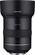 📷 black samyang syxp50-c high speed lens for canon ef, featuring built-in ae chip and f/1.2 aperture logo