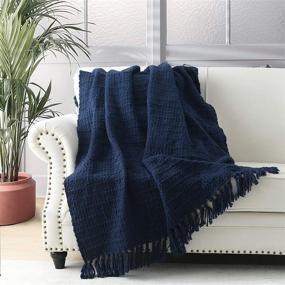 img 4 attached to 🛋️ Navy Blue Chunky Knit Throw Blanket: Soft, Cozy Bed Throw with Tassels – Boho Style Textured Knitted Home Decor for Couch, Sofa, & Bed