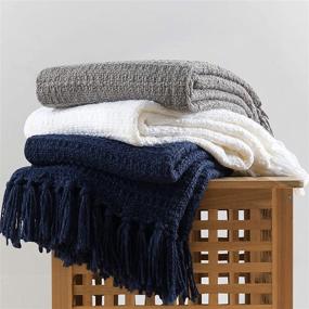 img 2 attached to 🛋️ Navy Blue Chunky Knit Throw Blanket: Soft, Cozy Bed Throw with Tassels – Boho Style Textured Knitted Home Decor for Couch, Sofa, & Bed