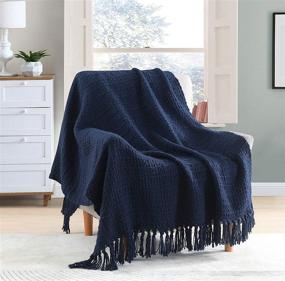 img 1 attached to 🛋️ Navy Blue Chunky Knit Throw Blanket: Soft, Cozy Bed Throw with Tassels – Boho Style Textured Knitted Home Decor for Couch, Sofa, & Bed