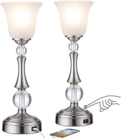 img 2 attached to Set of 2 Crystal Table Lamps with USB Charging Port, Torchiere Bedside Nickel Desk Lamp and White Glass Shade for Bedroom Nightstand Living Room Side Table End Table - LED Bulb Included