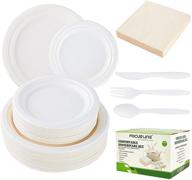 🌿 focusline 300 piece compostable paper plates set - eco friendly disposable dinnerware set for party camping picnic: heavy duty biodegradable sugarcane plates with extra long utensils and napkins logo