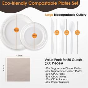 img 3 attached to 🌿 FOCUSLINE 300 Piece Compostable Paper Plates Set - Eco Friendly Disposable Dinnerware Set for Party Camping Picnic: Heavy Duty Biodegradable Sugarcane Plates with Extra Long Utensils and Napkins