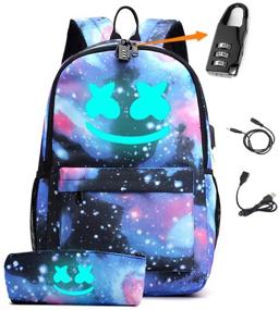 img 4 attached to 😊 Smile Luminous Backpack: USB Charging Port, Anti-theft Lock, Pencil Case - Ideal for School, DJ Unisex Bookbag, Galaxy Design, Laptop Compatible
