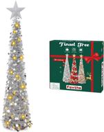 🎄 fovths 5ft christmas collapsible artificial tree with silver tinsel, lights, and gold top star for indoor and outdoor holiday decorations logo