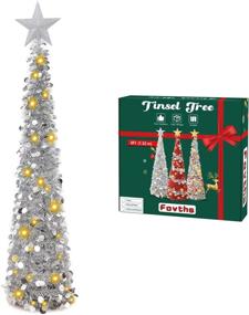 img 4 attached to 🎄 Fovths 5ft Christmas Collapsible Artificial Tree with Silver Tinsel, Lights, and Gold Top Star for Indoor and Outdoor Holiday Decorations