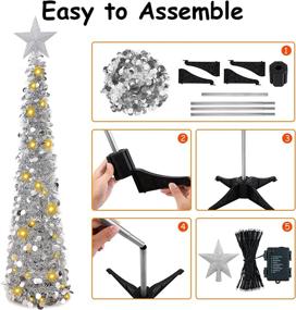 img 2 attached to 🎄 Fovths 5ft Christmas Collapsible Artificial Tree with Silver Tinsel, Lights, and Gold Top Star for Indoor and Outdoor Holiday Decorations