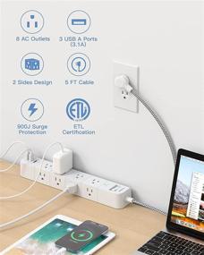 img 3 attached to 🔌 ETL Listed Power Strip Surge Protector - 8 AC Outlets with 3 USB Ports, 5 ft Extension Cord, Flat Plug, Overload Protection - Ideal for Home, Office, Travel, Computer - Wall Mountable Desktop Charging Station