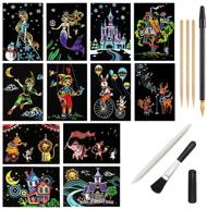 ✨ animation world magic scratch art paper set: rainbow night view scratchboard for adults and kids – art & crafts, 12 sheets, 7 tools drawing pen, clean brush logo