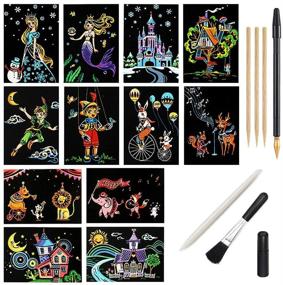 img 4 attached to ✨ Animation World Magic Scratch Art Paper Set: Rainbow Night View Scratchboard for Adults and Kids – Art & Crafts, 12 Sheets, 7 Tools Drawing Pen, Clean Brush