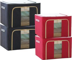 img 4 attached to YAN WU YING Steel Frame Oxford Cloth Quilt Storage Box Folding Wardrobe Fabric Extra Large Storage Bag - Red & Navy, 4-Pack!