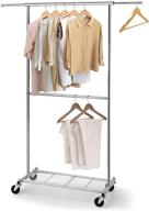 👕 simple trending standard clothing garment rack: efficient rolling clothes organizer with wheels, bottom shelves, and extendable design in sleek chrome finish logo