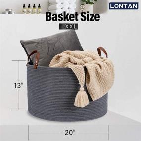 img 3 attached to 🧺 XXL Корзина из хлопкового веревочного плетения для хранения - LONTAN Декоративная плетеная игрушечная корзина с кожаными ручками, большая пледовая корзина 20''X20''X13'', серого круглого цвета