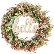 🌸 charming 16 inch wreaths for front door: pink gypsophila & green eucalyptus with hello sign - perfect wedding & farmhouse decor for wall or window логотип