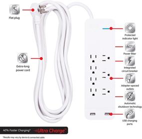 img 3 attached to 🔌 GE UltraPro защита от перенапряжения с 7 розетками, 2 портами USB, удлинительным шнуром длиной 15 футов, 1080 джоулей, 2,4 Ампера/12 Ватт, 3 розетками с разъемами, плоским штепселем, креплением на стену, гарантией, соответствует требованиям UL, белая, модель 36362