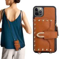 📱 zve wallet case for iphone 12 pro max with rivet design, zipper card slot, wrist strap, crossbody shoulder chain, leather handbag purse - brown (6.7 inch) logo