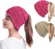 soul young women's knit messy bun beanie tail hat: stylish winter headwear with a soft stretch cable design! logo