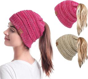 img 4 attached to Soul Young Women's Knit Messy Bun Beanie Tail Hat: Stylish Winter Headwear with a Soft Stretch Cable Design!