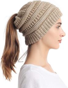 img 2 attached to Soul Young Women's Knit Messy Bun Beanie Tail Hat: Stylish Winter Headwear with a Soft Stretch Cable Design!