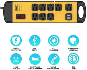 img 3 attached to 🔌 CRST Heavy Duty Power Strip with USB, 8-Outlet 2 USB Ports, 9-Ft Long Cord - Ideal Surge Protector for Home, Kitchen, Office, School - ETL Listed, 1800 Joules (Yellow Black)