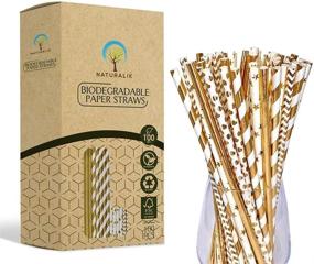 img 4 attached to 100-Pack Biodegradable Gold Paper Straws by Naturalik - Extra Durable Gold Drinking Straws in Striped, Wave, Heart, Star, and Solid Gold Designs for Birthday, Wedding, Bridal/Baby Shower, and Party Supplies