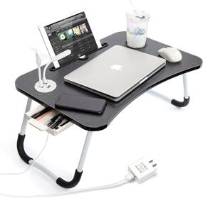 img 4 attached to QEFUO Lap Desk for Bed: Foldable Laptop Stand with Storage Drawer and Cup Holder - Black