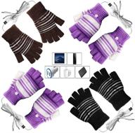 🧤 aikin usb heated gloves [4 pack] - men and women mitten, stripes heating pattern, knitting wool, fingerless, washable - hands warmer for laptop (2purple+1black+1brown) logo
