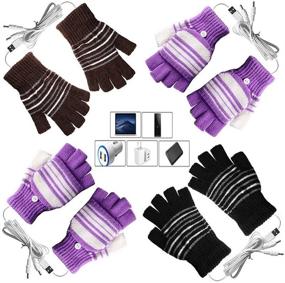 img 4 attached to 🧤 AIKIN Обогреваемые перчатки USB [4 штук] - мужские и женские, с рисунком в полоску, из вязаной шерсти, без пальцев, стираются в стиральной машине - теплые руки при работе за ноутбуком (2 фиолетовых + 1 черная + 1 коричневая)
