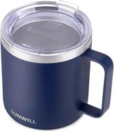 ☕ sunwill coffee mug tumbler, 12oz vacuum insulated camping mug with lid and handle, double wall stainless steel reusable coffee cup, navy blue powder coated logo