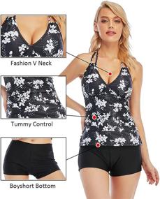 img 3 attached to Vivian Women's V Neck Tankini Set: Halter Tommy Control Top with Boyshorts Bottom - Ruched Two Piece Bathing Suits