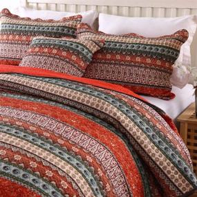 img 3 attached to ✨ ielevations Red Patchwork Bohemian Striped Quilt Set - 100% Cotton Floral Patterns Bedspread, Striped Jacquard Style Bedding Coverlet for All Season - Queen Size Comforter