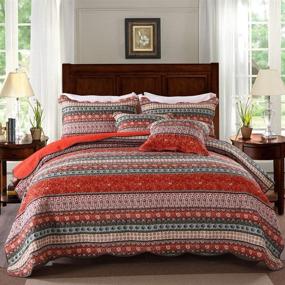 img 4 attached to ✨ ielevations Red Patchwork Bohemian Striped Quilt Set - 100% Cotton Floral Patterns Bedspread, Striped Jacquard Style Bedding Coverlet for All Season - Queen Size Comforter