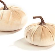 🎃 velvet pumpkins for decorating - set of 2, realistic stems, plush velveteen fabric, 5" and 7" size, cream/taupe color, rustic table decoration, halloween/farmhouse home decor+ логотип