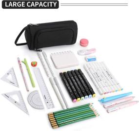 img 3 attached to 🎒 Large Pencil Case for Girls and Boys - Organize Pens and Pencils for Middle School, College Students, and Artists - Practical Cloth Office Pencil Bag Holder with Metal Zipper - Black