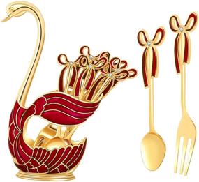 img 4 attached to 🌺 Gusnilo 11PCS Creative Spoon Dessert Fork Dinnerware Set - Swan Base Holder, 5 Forks and 5 Spoons - Metal Dinnerware for Family Dessert Shop (Red, Swan)