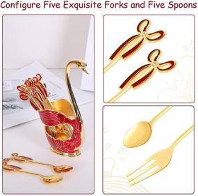 img 2 attached to 🌺 Gusnilo 11PCS Creative Spoon Dessert Fork Dinnerware Set - Swan Base Holder, 5 Forks and 5 Spoons - Metal Dinnerware for Family Dessert Shop (Red, Swan)