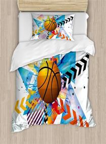 img 2 attached to 🏀 Набор одеял для подростков Ambesonne Teen Room - размер Твин, дизайн баскетбольного мяча с геометрическим принтом в виде зигзагов и кругов, 2-х предметный комплект постельного белья, включая 1 наволочку, оранжево-синий.