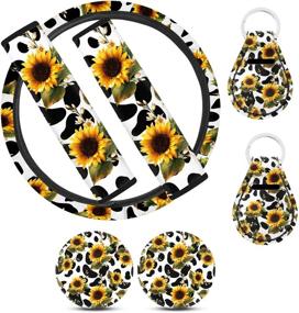 img 4 attached to HUISEFOR Cute Sunflower Cow Soft Steering Wheel Cover Seatbelt Protector Washable Car Cup Coasters 7 Pieces Auto Interior Accecssories Universal For Women Men