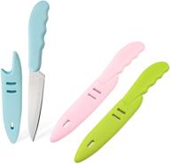 set of 3 new sharp and durable paring knives with comfortable non-slip handles, protective covers - ideal for various vegetables and fruits (pink, blue, green) logo