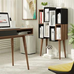 img 2 attached to 📚 Modern Walnut Cube Bookcase: Standing 8 Cube Bookshelf with Legs, Stylish Solid Wood Display for Living Room, Home Office, and Bedroom