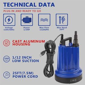 img 3 attached to EXTRAUP 1/3HP Submersible Utility Pump - 1320GPH, Portable, Low Suction, Pond & Flood Water Transfer Pump with Cast Aluminium Housing, Removable Plastic Screen, and 25FT Power Cord