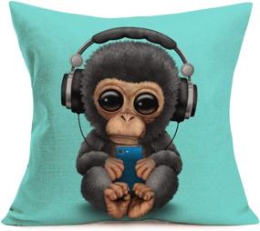 img 4 attached to 🙈 Cartoon Animal Monkey Baby Cotton Linen Home Decor Pillowcase Throw Pillow Cushion Cover 18 x 18 Inches Square Accent Pillow Case (Monkey Baby with Phone & Headphones)