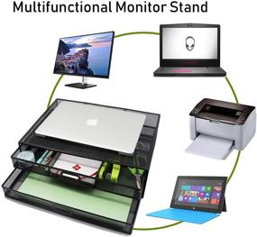 img 1 attached to 🖥️ Metal Office Supply Mesh Desk Organizer - Monitor Stand Riser with 2 Large Pullout Drawers for Laptop PC Printer Computer Storage, Black