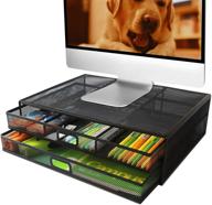 🖥️ metal office supply mesh desk organizer - monitor stand riser with 2 large pullout drawers for laptop pc printer computer storage, black logo