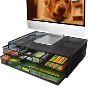 img 4 attached to 🖥️ Metal Office Supply Mesh Desk Organizer - Monitor Stand Riser with 2 Large Pullout Drawers for Laptop PC Printer Computer Storage, Black