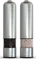 electric salt & pepper grinder set - automatic, refillable, battery operated stainless steel spice mills with light - one-handed push button peppercorn grinders & sea salt mills logo