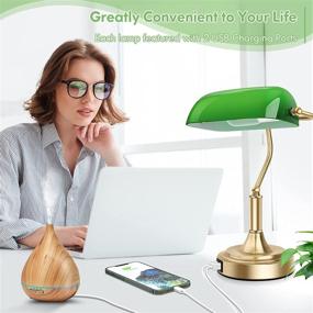 img 2 attached to 💼 Bankers Lamp with USB Ports: Touch Control Green Glass Desk Lamp for Home Office, 3-Way Dimmable Vintage Style with Brass Base and LED Bulb - Ideal for Nightstand, Bedroom, Library, Workplace