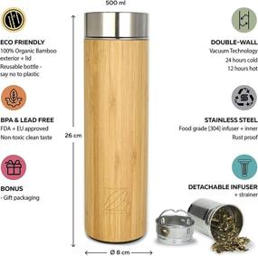 img 3 attached to 🎍 Bamboo Vacuum Insulated Bottle with Tea Infuser & Strainer - Stainless Steel Tumbler, Fruit Infuser - Double Walled Tumbler Water Bottle for Travel Mug - Thermo