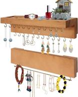 📿 rustic 2pcs jewelry organizer wall mounted: 24 hooks, cosmetics shelf, removable bracelet rod - wooden wall mount holder логотип